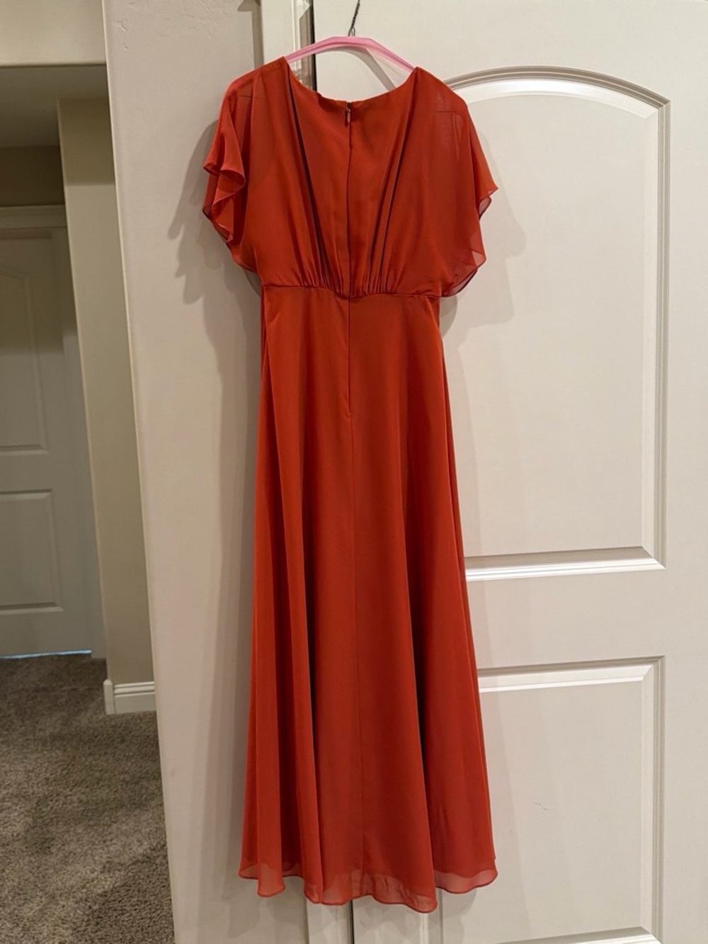 JJs House Burnt Orange Chiffon Maxi Dress with Flutter Sleeves